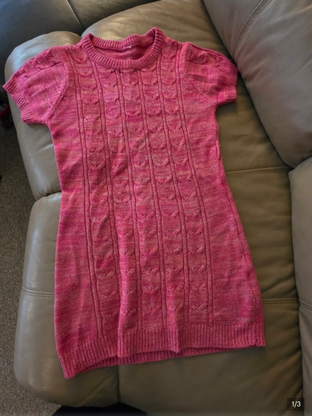 Kid's Pink Short-Sleeve Cable-Knit Sweater Dress